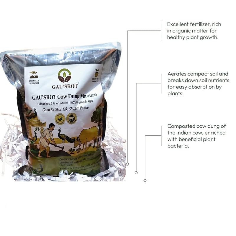 Image of GAU'SROT Cow Dung Manure Fertilizers Powder 3kg | Organic Fertilizer Compost for Indoor Outdoor Plants | Soil Conditioner for Home Gardening Plant Growth Water Retention Garden Use