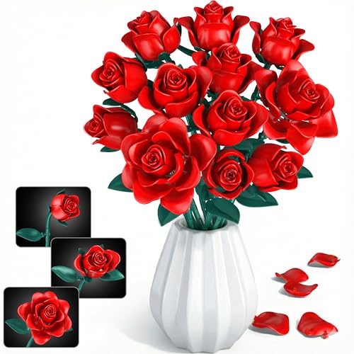 Ramo de flores artificiales sin mantenimiento con rosas rojas de bloques de construcción