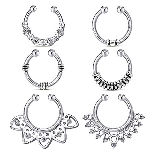 QWALIT Fake Nose Septum Rings Nose Rings Hoop Non-Pierced Clip On Cartilage Tragus Helix Lobe Earrings 14G Surgical Steel Adjustable Horseshoe Circular Barbell Faux Septum Jewelry 6pcs