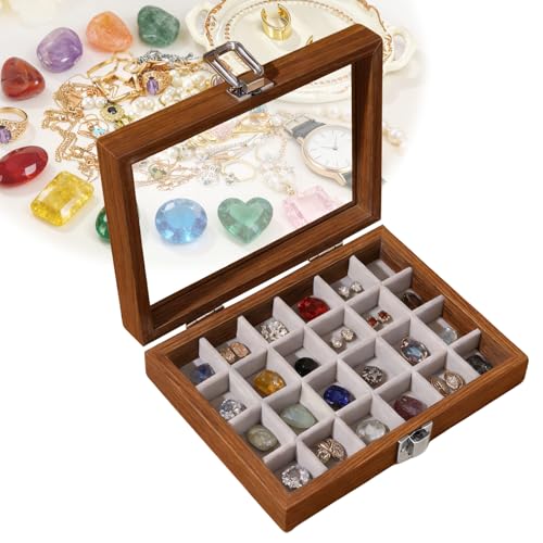 Rock Display Case   Caja expositora de joyas de 24 compartimentos de madera de nogal negro   Caja de colección Rock de madera con tapa de cristal transparente   Para joyas, piedras preciosas y