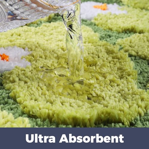 Green Floral Moss Bathroom Rug Bath Mat, Ultra Thick Soft 3D Aesthetic Decor Cute Tufted Bath Rugs, Non Slip Absorbent Washable Moss Carpet for Shower Floor Sink Bedroom, 20x32 Inch
