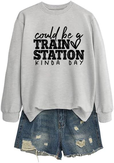 Could Be A Train Station Sweatshirts For Women Casual Long Sleeve Sweatshirt Funny Print Crewneck Pullover Cute Top - Image 4