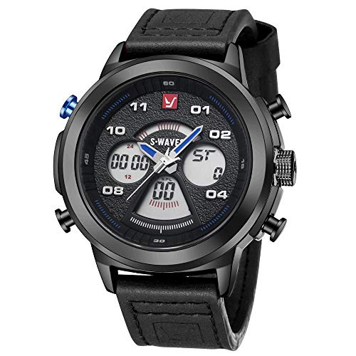 Orologi Da Polso Orologio Da Al Quarzo Da Esterno Con Quadrante Grande Cinturino Impermeabile Con Doppio Display Elettronico Al Pulsante Conchiglia uomo blu nero pelle