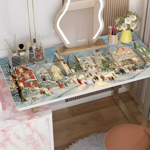 Image of Vintage Christmas Village Desktop Sticker 39.37x23.62In, Snowy Town Scene Desk Decal, Easy Clean Table Surface Sticker, Holiday Home Decor