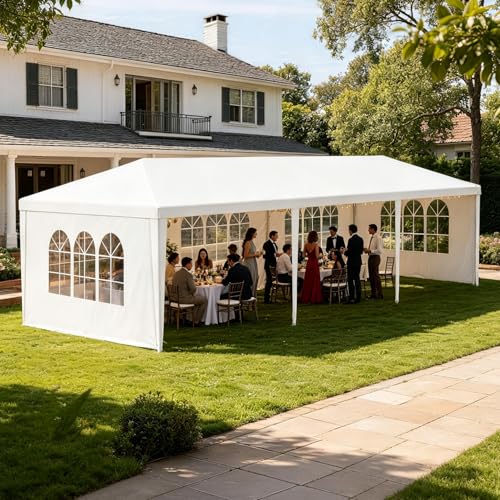 Outdoor 10 x 30 White Party Canopy Tent with 5 Removable Sidewalls Party Shade Shelter Feet Tent with Transparent Windows for Backyard BBQ Weddings Gatherings Events (White 3 * 9)