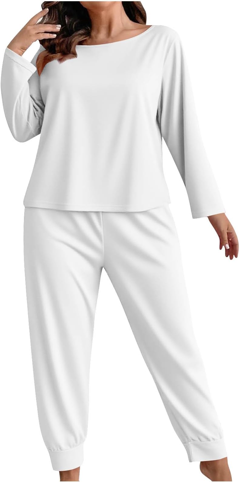 Women's Pajama Set 2 Piece Plus Size Lounge Sets Long Sleeve Boat Neck Tops and Pants Soft Solid Comfy Sleepwear