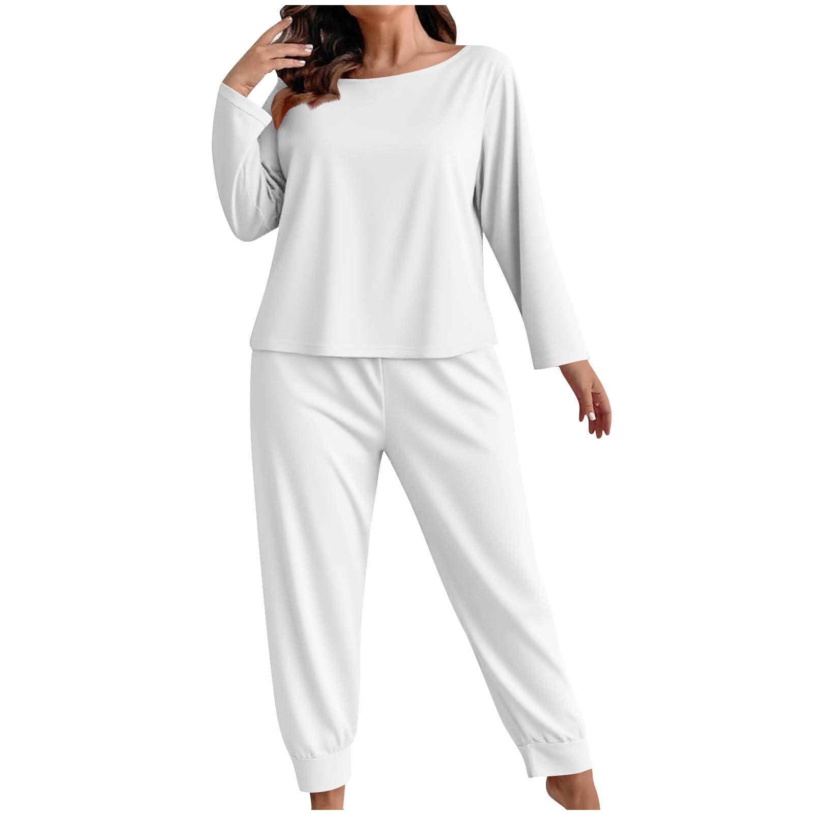 Women's Pajama Set 2 Piece Plus Size Lounge Sets Long Sleeve Boat Neck Tops and Pants Soft Solid Comfy Sleepwear