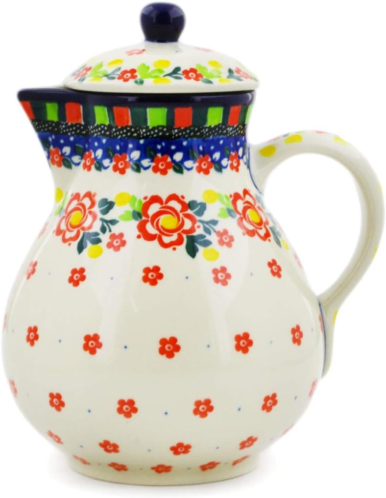 Polmedia Polish Pottery Pitcher with Lid UNIKAT - Floral Puzzles Pattern Handmade in Boleslawiec Poland by Ceramika Artystyczna + Certificate of Authenticity
