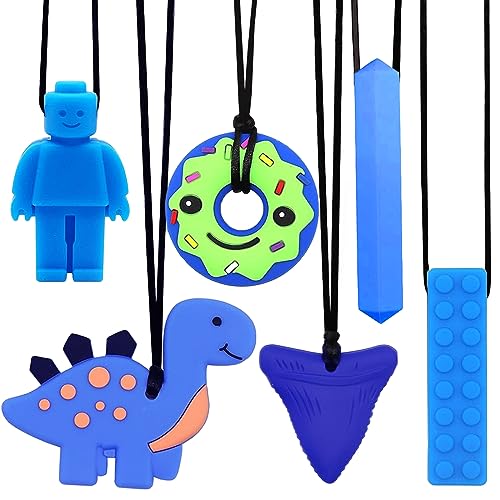 Kaukette für Kinder 6 Stück Sensory Kauen Halskette Silikon Beißring für Baby Autismus Spielzeug für Jungen und Mädchen Perfekt für Kinder mit ADHS Zahnen Beißende Fingernägel Kauen (Blau)