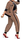 LKOUS Women Two Piece Office Business Suits Plaid Print Cardigan Jacket + Loose Casual Trousers Blaz