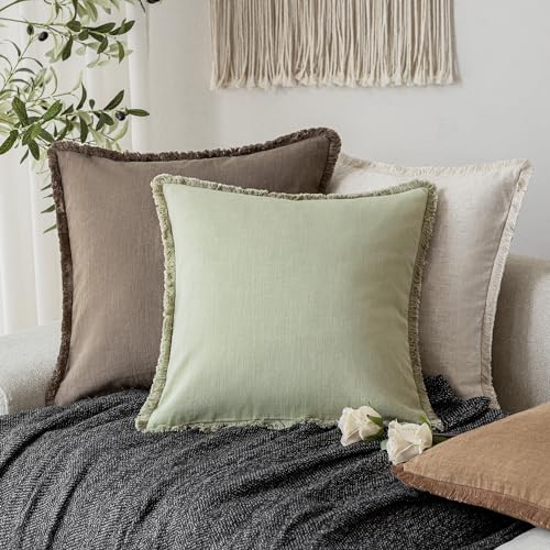 Image of Foindtower Set of 2 Decorative Linen Fringe Throw Pillow Covers Boho Farmhouse Cushion Cover with Tassels Soft Accent Pillowcase for Couch Sofa Bed Living Room Home Decor,24x24 Inch,Light Sage Green