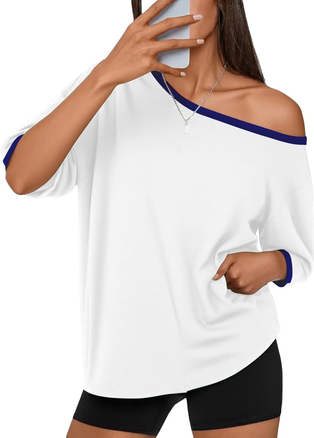 Dressmine Off The Shoulder Tops for Women Oversized Tshirts Short Sleeve Tops 2026 Trendy Summer Blouse Tunic