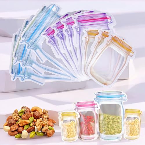 WSNDM 30 Stück Mason Jar Zip Beutel, 3 Größen, Wiederverwendbare gefrierbeutel Luftdichte Versiegelung Bags, Auslaufsichere Snacks Taschen, für Reisen, Camping, Picknick