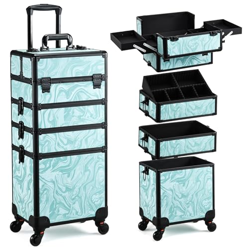Yueieoun Rolling Makeup Case, 4 in 1 Makeup Case on Wheels, Professional Makeup Trolley, Cosmetic Train Case Makeup Cart Travel Trolley with Key for MUA, Hairstylists, Nail Tech, Turquoise Vitality