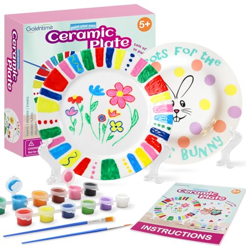 goldentime Ceramic Plate Painting kit for Kids and Adults Including 2 Ceramic Plates to Paint, with 12 Paints, 2 Brushes and 2 Stands - Perfect as DIY Home décor or Gifts for Bithday Christmas
