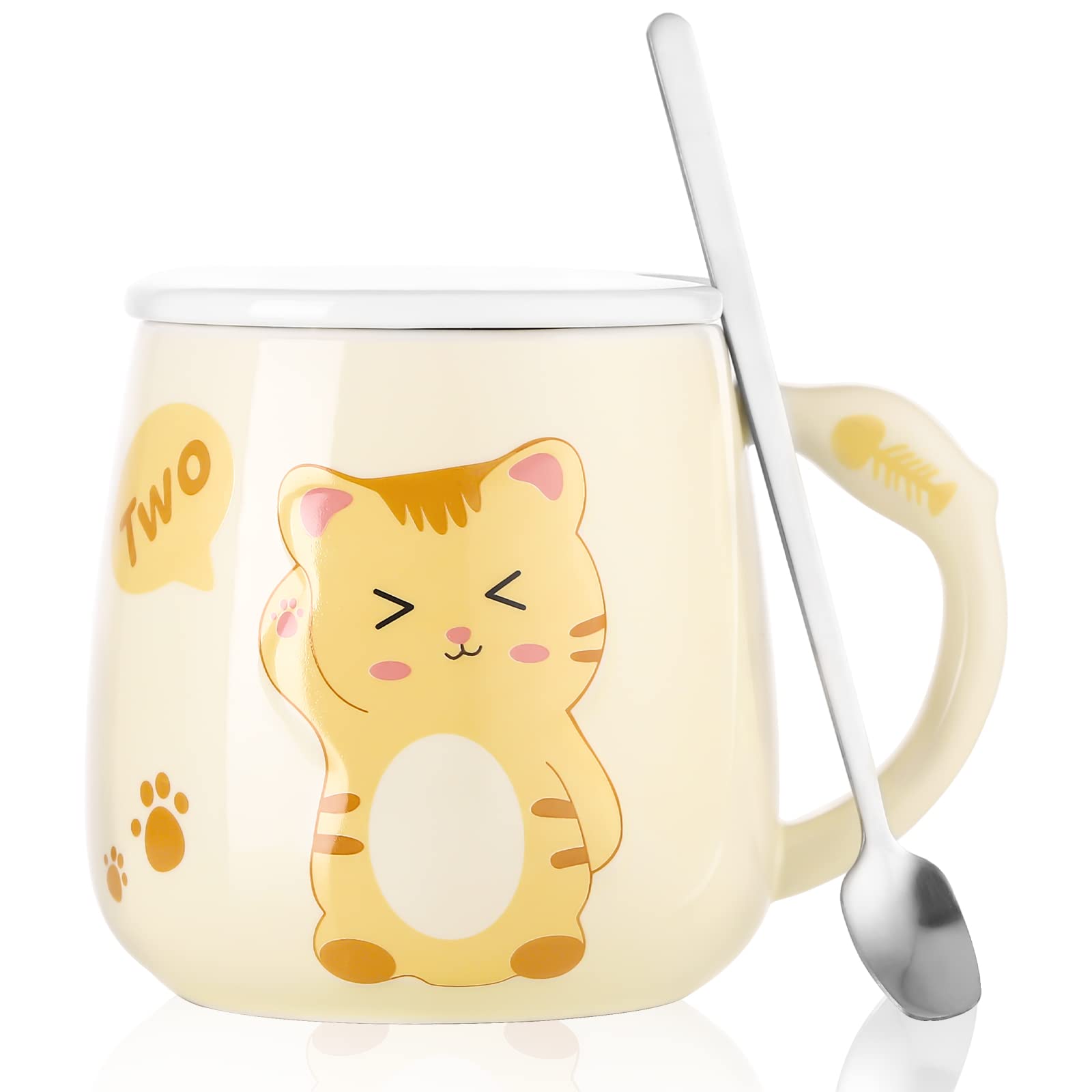 Cute Cat Mug, HOUSALE 3D Ceramic Coffee Mug with Lid and Stainless Steel Spoon, Novelty Coffee Cup for Cat Lovers Gift, 15 OZ, Yellow