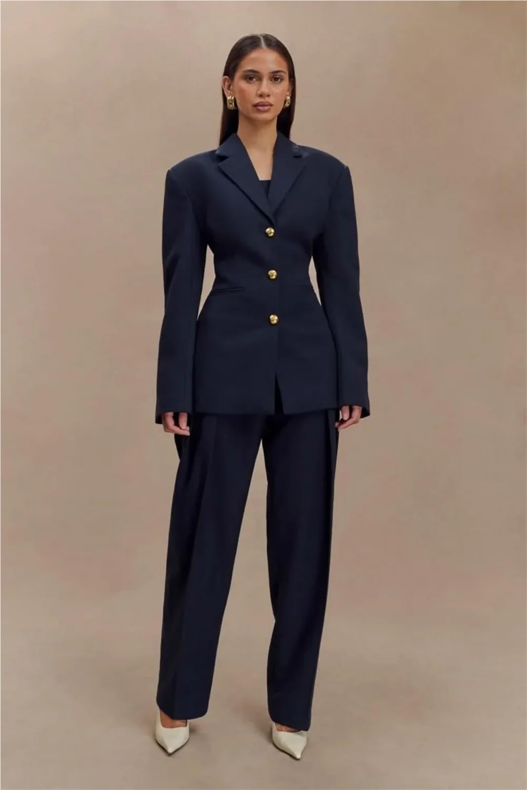 Traje pantalón de mujer, blazer azul un solo botón metálico, estilo clásico, con pernera ancha Para EquitacióN(L)