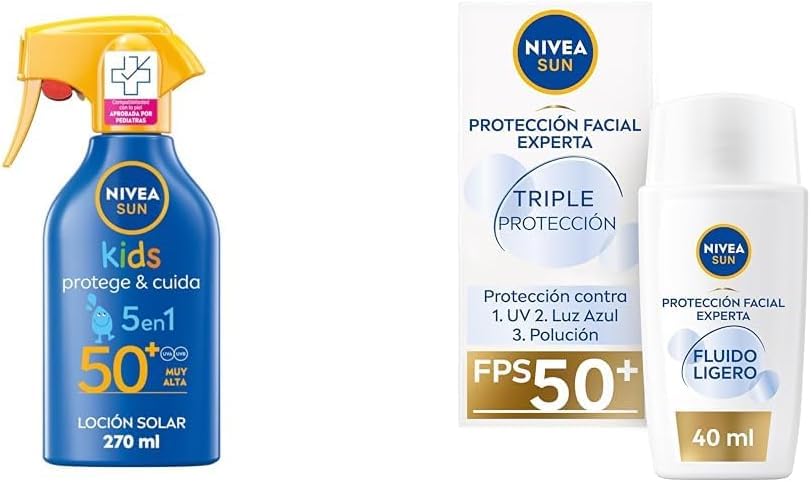 PACK NIVEA SUN Spray Solar Kids Protege & Cuida FP50+ (1 x 270 ml) resistente al agua + NIVEA SUN Crema solar Triple Protección FP50+ con ácido hialurónico (40 ml) protector solar facial ultraligero