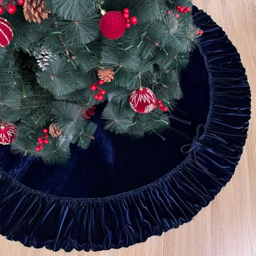 60-Inch Ruffled Velvet Christmas Tree Skirt, Navy Blue