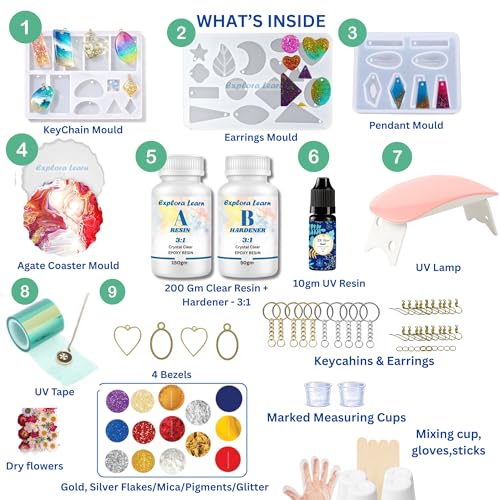 Image of Exploralearn Pro Resin Art Kit and UV Resin Combo - Epoxy Resin (200gm 3:1) + UV Resin with Lamp & Bezels | DIY Jewellery Making Kit with Moulds, Dry Flowers, Glitters, Pigments & Tools for Beginners & Adults