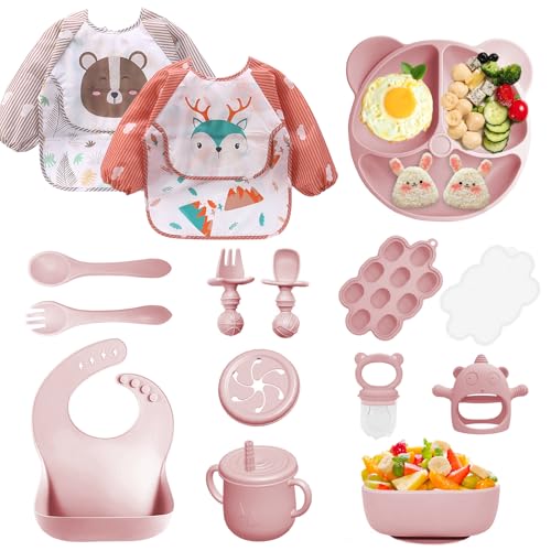 Bizcasa Vajilla Bebe Silicona, 14 Piezas Vajilla de Silicona para Bebés Antideslizante, Cubiertos Bebe para comer destete, Sin BPA, Con Baberos de manga larga Taza Plato Cuenco (Rosa claro)