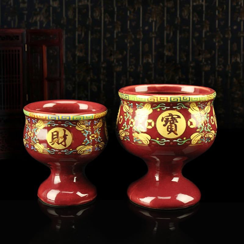 Mascot Desktop Decoration Buddhist Utensils Religious Pray Sacrificial Supplies 朱红陶瓷供碗供水杯拜神汤碗斋饭碗招财茶杯酒杯供水杯神台贡品 1Pcs(唐彩坦杯)