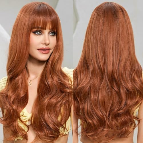 EMMOR Perruques Ombré Auburn pour Femmes Perruque Longue et Bouclée avec Frange en Fibres Synthétiques Résistantes à la Chaleur Perruques Quotidiennes...