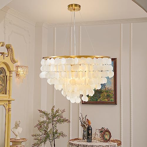 efperfect Modern Capiz Shell Chandelier, 6 Lights Natural Shell Hanging Pendant Light Fixtures for Living Room, Gold Contemporary Coastal Round Chandeliers for Bedroom, Kitchen, Dining Table, Foyer - Image 2
