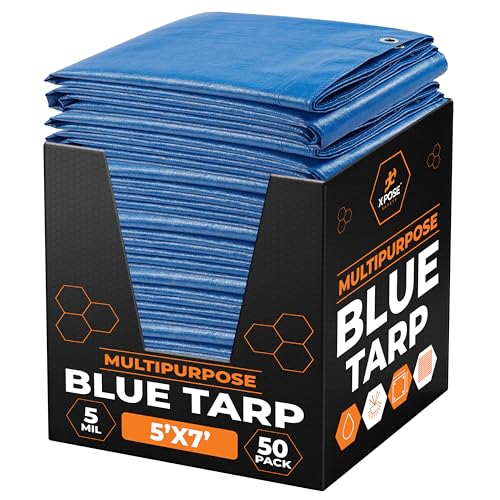 Image of Better Blue Poly Tarp 5' x 7' Bulk (50-Pack) - Multipurpose Protective Cover - Lightweight, Durable, Waterproof, Weather Proof - 5 Mil Thick Polyethylene - by Xpose Safety