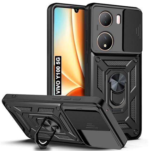 Image of AESTMO Tough Armor Vivo Y100 Bumper Back Case Cover | Ring Holder & Sliding Camera Shield Cover | 360 Degree Protection Back Case Cover for Vivo Y100 (Black)