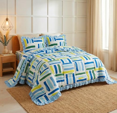 Image of SANMARINO Premium Cotton Double Bed 4 Piece Bedding Set with Frill Border | Comforter with Matching Bedsheet and Pillow | Ultra Soft & Lightweight Quilted Comforter Set |228x228 cm, Ocean Grid Blue