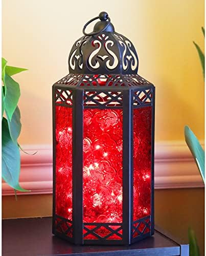 Vela Lanterns Metal Moroccan Decorative 50 LED Fairy Lights Candle Lantern Holder for Ramadan, Red Glass, Large