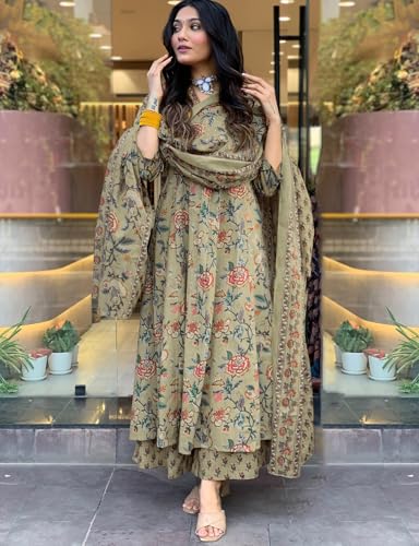 Image of GoSriKi Women's Rayon Viscose Anarkali Printed Kurta with Palazzo & Dupatta