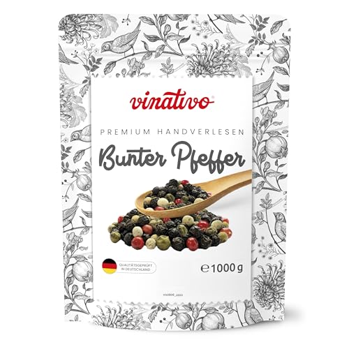 vinativo Bunter Pfeffer – ganz – 1kg – Premium Qualität – Pfefferkörner von schwarzem,...