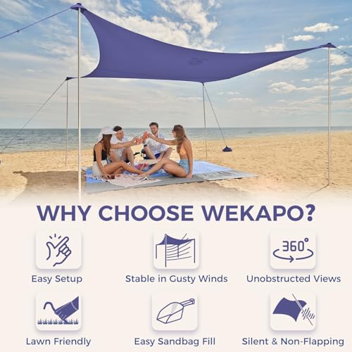 Image of WEKAPO Beach Tent Sun Shelter - Easy Setup Beach Canopy with 4 Sturdy Poles