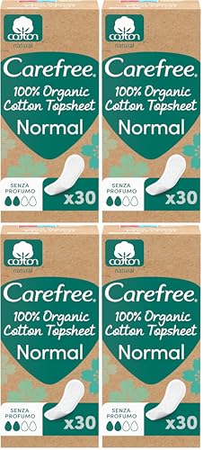 Carefree Protegeslips de Algodón Orgánico, Hipoalergénico y Transpirable, Normal, 30uds (Paquete de 4)