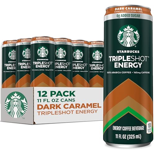 Starbucks Tripleshot Coffee Energy Drink, Dark Caramel, 11 fl oz Cans (12 Pack), Triple Blend, 165mg Caffeine, B Vitamins, Protein, Iced Coffee (Packaging and Formula May Vary)