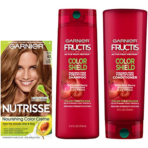 Garnier Nutrisse Hair Color and Fructis Color Shield Regimen Kit, 63 Light Golden Brown (Brown Sugar), 3 count
