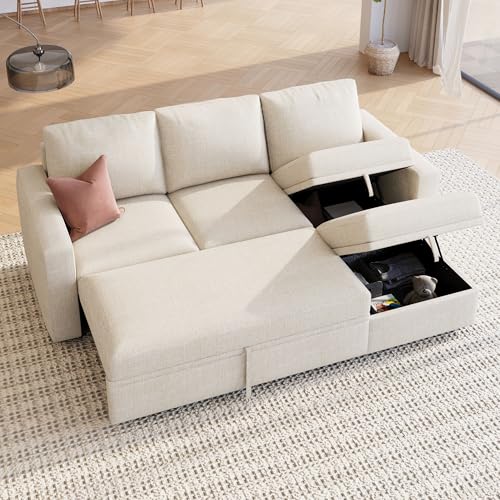Image of HONBAY Modular Sectional Sleeper Sofa with Pull Out Bed, L Shaped Couch with Storage Seat, Modular Sectional Couches for Living Room - Beige