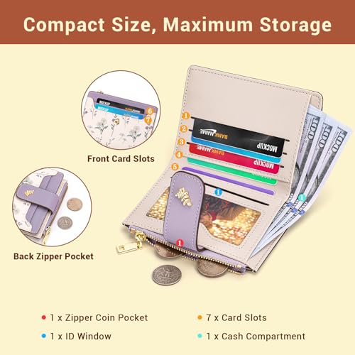 Image of YINHEXI Women's Wallet, Compact and Small Bifold PU Leather Card Holder, Mini Purse with Coin Pocket for Ladies, Girls (Floral Lavender)