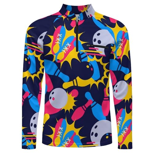 Multicolor Bowling Ball Pins Shoes Men's Rash Guard Long Sleeves Quick Dry Fishing Workout Shirts with Zipper4