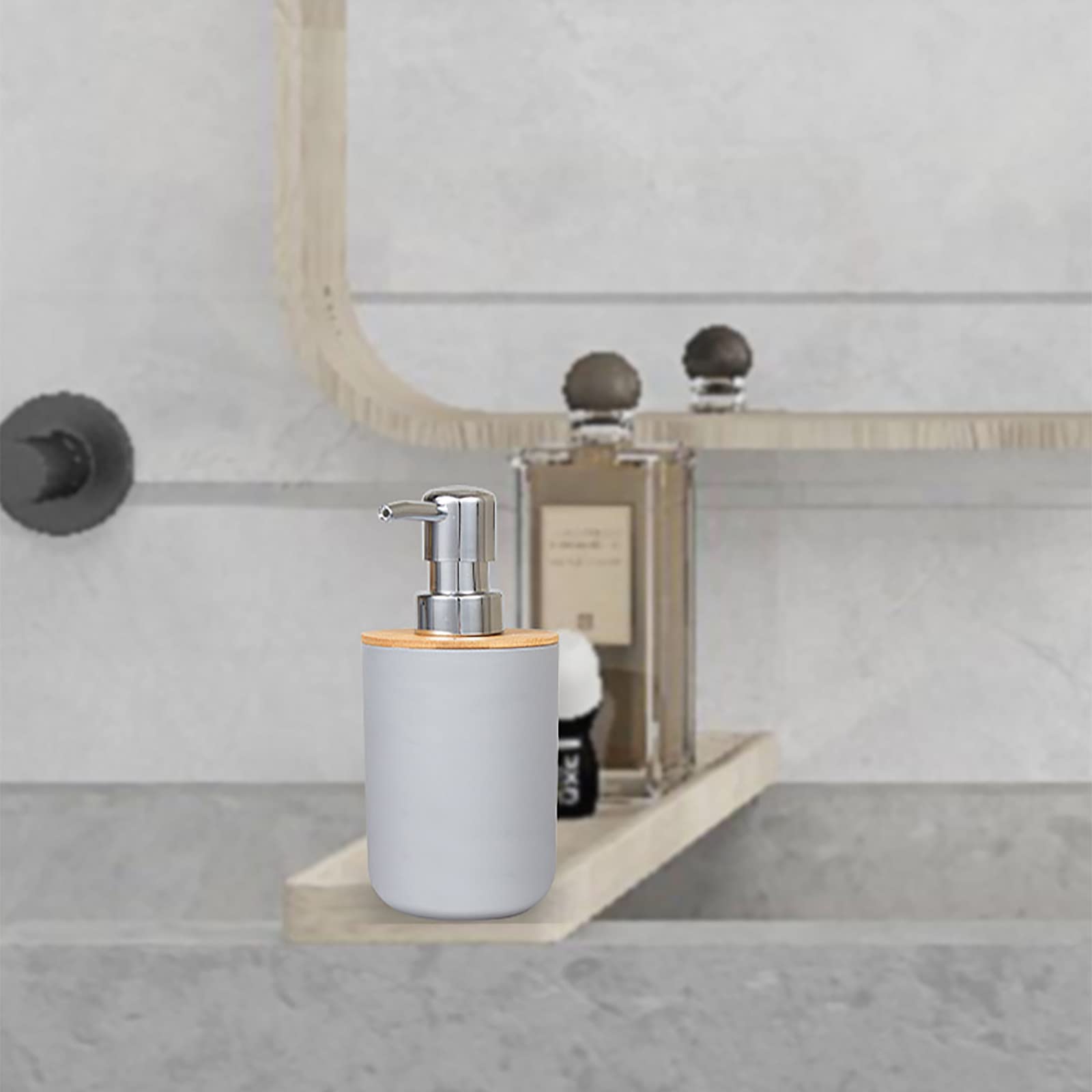 Juegos de Accesorios de baño, Simple Madera Acesorios Cuartos de Baño 4 Piezas con Dispensador Jabon Baño, Jabonera Baño, Porta Cepillo de Dientes, Bandeja, para Champú Gris/Blanco/Negro