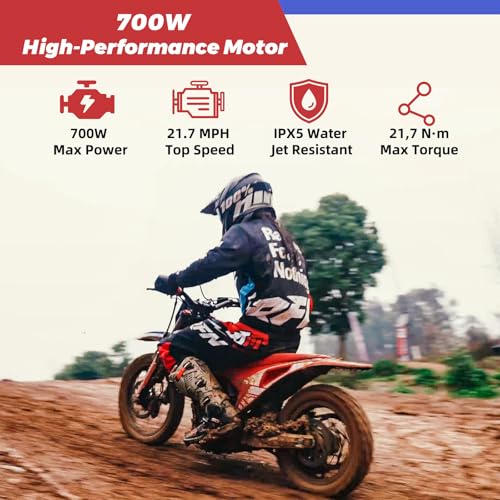 RFN E500 36V Kids Electric Dirt Bike, Electric Motorcycle with 700W Motor | 21.7 mph Max Speed, 15.5-Mile Range & 3 Speeds Off-Road Bike for Ages 4-8
