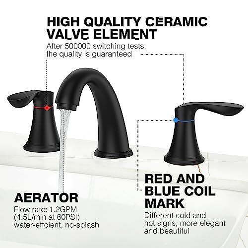 Bathroom Faucet, 8 Inch Bathroom Faucets for Sink 3 Hole, Widespread Matte Black Bathroom Faucet with Pop up Drain and cUPC Lead-Free Hose (Matte Black)