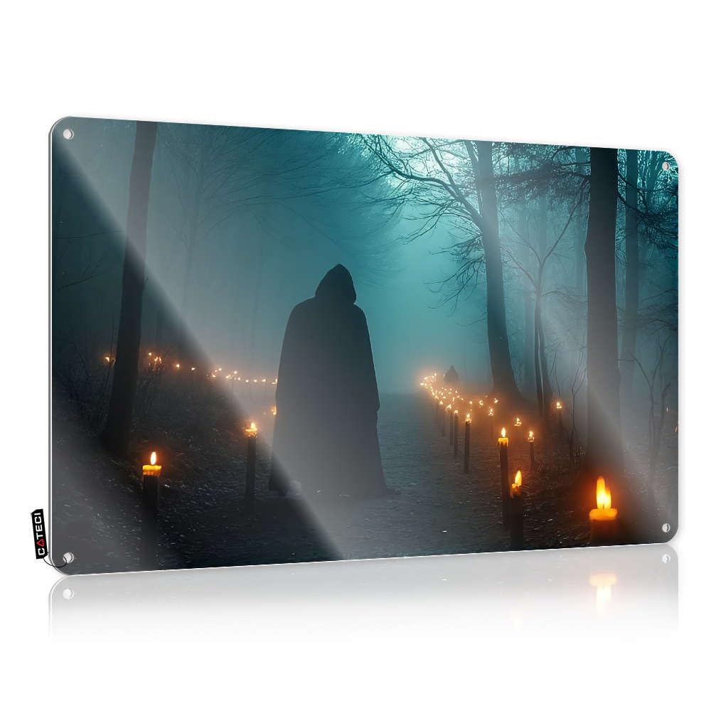 Sujd Colour Tin Metal Sign Humor Tapestry Home Decor - A Hooded Figure Stands In A Candle-Lit Forest Path. Gift For Coworker Rustic Style Artwork For Garage Bar(30X40cm)