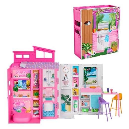 Barbie Maison de Vacances Coffret avec poupée, avec 4 Zones de Jeu Dont Une Cuisine, Une Salle de Bains, Une Chambre et Un Salon, 11 Accessoires de décoration, HRJ76