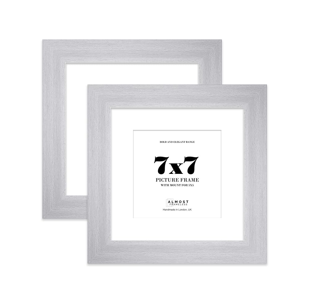 7x7" Silver Square Frame With Mount for 5x5" Pictures 28mm Edge Frame Display with Wall Hooks and Kickstand, 2 Pack