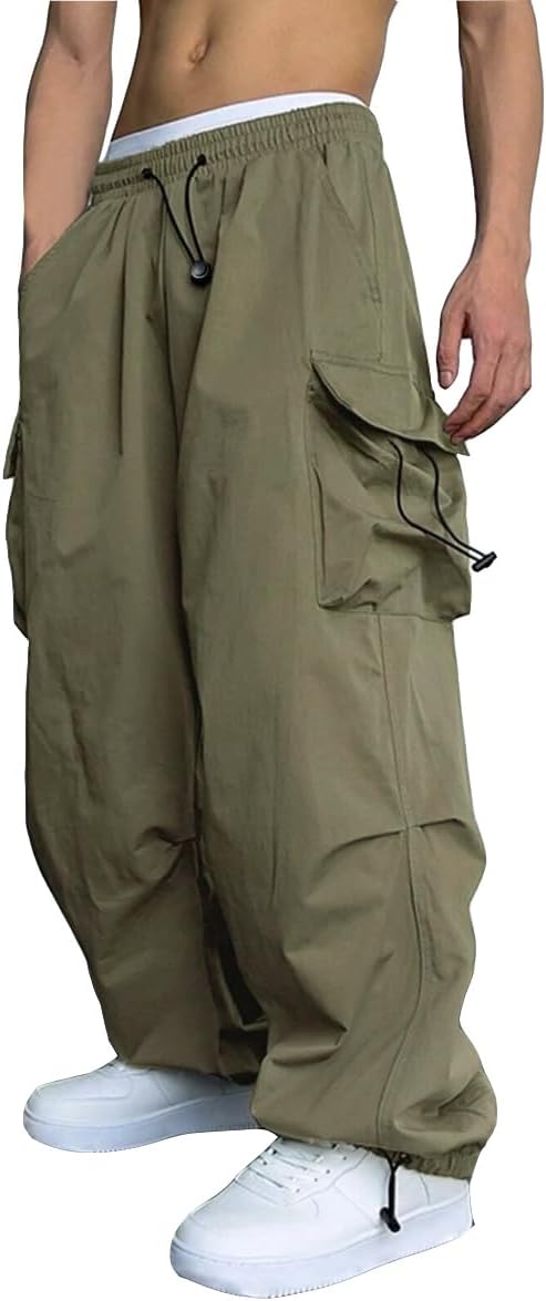 WZIKAI Men's Baggy Cargo Pants Casual Parachute Cargo Pants Loose Fit Hip Hop Harem Pants with Pockets