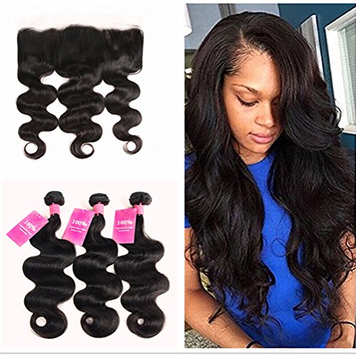 BaiYao Hair Brazilian Body Wave Hair 3 Bundles with Lace Frontal Closure (13×4) Ear to Ear Frontal With Bundles Brazilian Body Wave Frontal Closure Natural Color (8 10 12+8frontal closure)