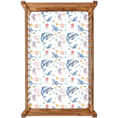 Image of Ocean Marine Life Theme Fitted Crib Sheet,28"x 52" Soft & Breathable Baby Bedding - Compatible with Cribs and Toddler Beds, Easy to Clean & Long-Lasting,Whale and Seashell Starfish&Blue Orange